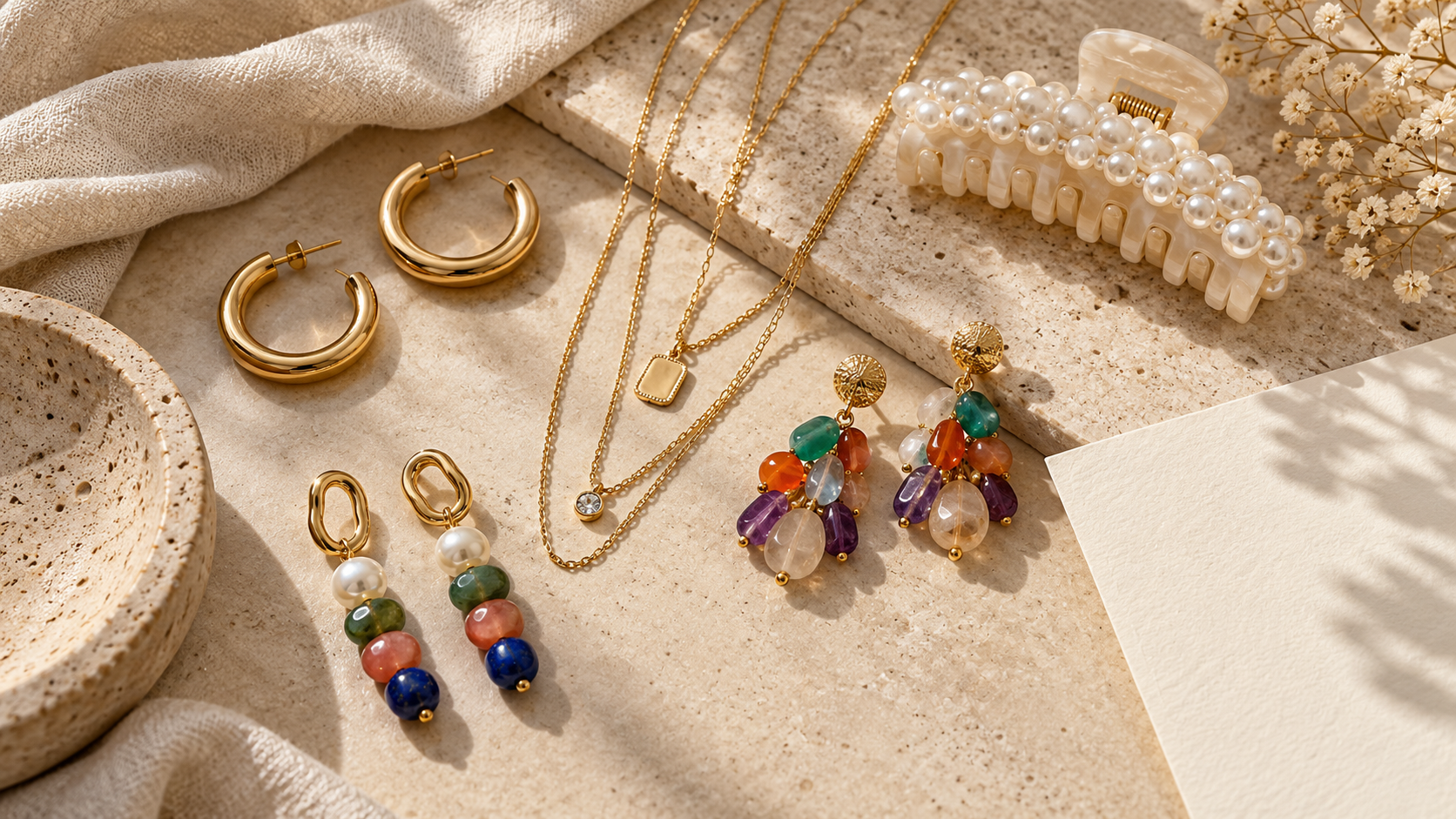 Illustrative selection of fashion jewelry and hair accessories on a neutral surface